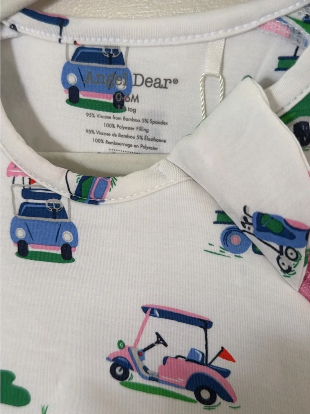 Angel Dear White Sleep Sack with Pink, Green and Blue Golf Cart Print